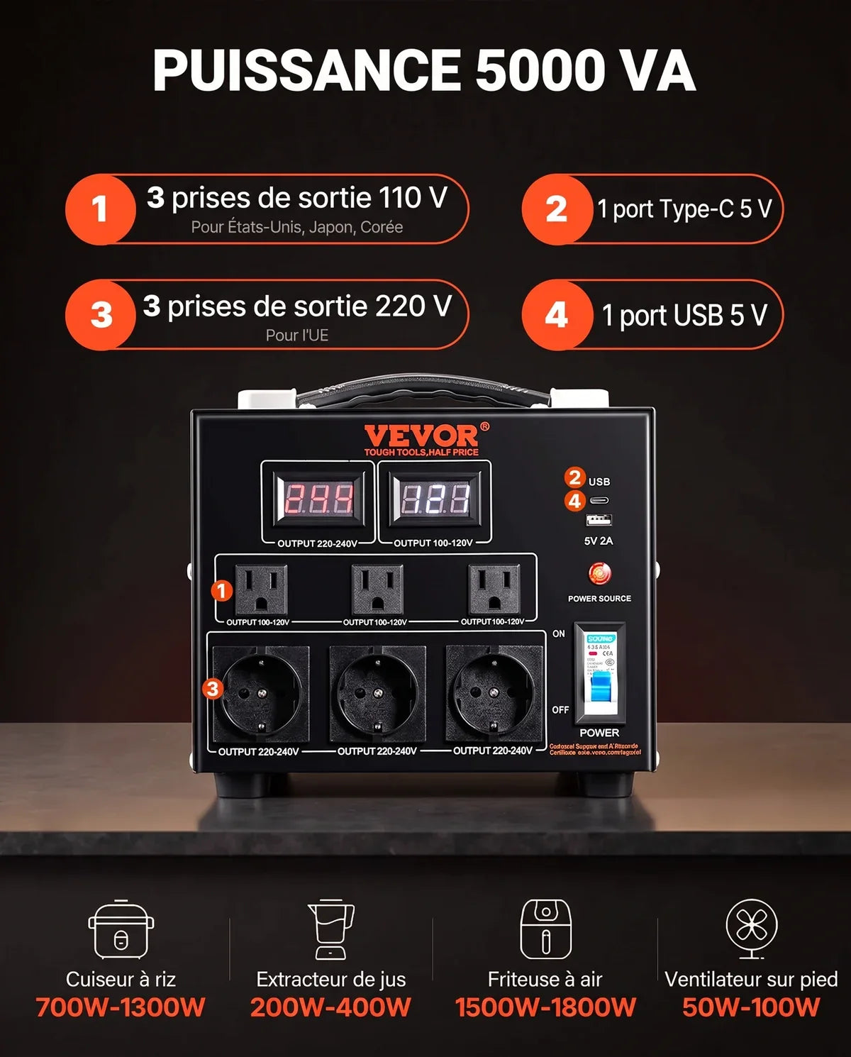 Transformateur 220 V - 110 V Convertisseur de Tension 5000 W